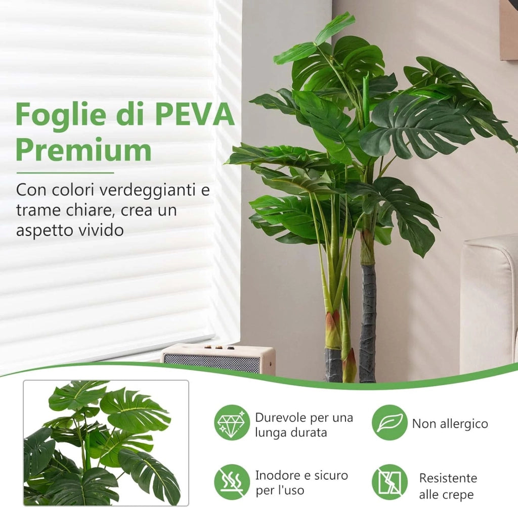 Albero di Filodendro Artificiale 120 cm con Supporto in Cemento, Pianta Finta Artificiale con Foglie in Plastica PE, 3 Rami e 20 Foglie, Ideale per Casa, Ufficio e Negozio