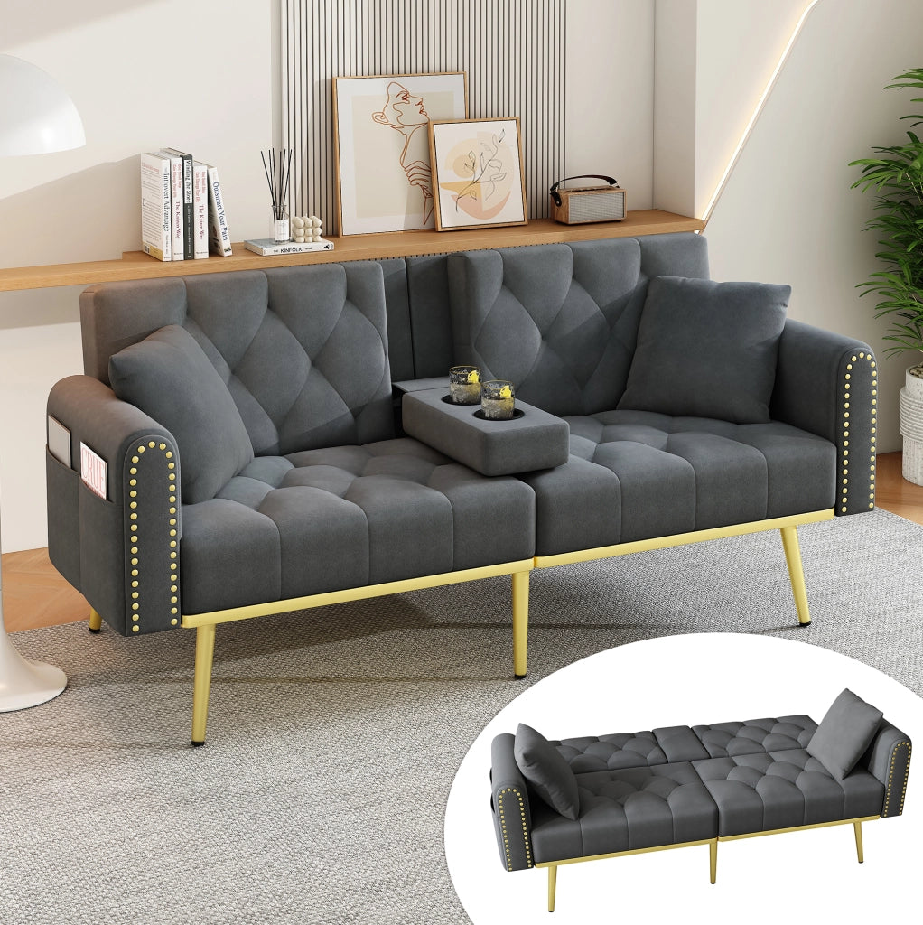 Divano letto 2 posti con schienale regolabile a 3 angoli e portabicchieri; velluto grigio; 175 cm