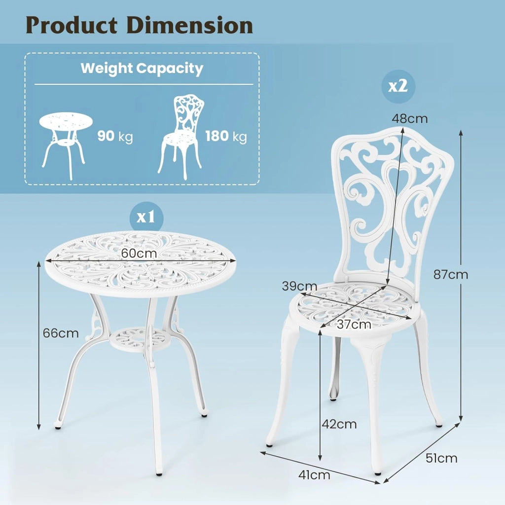 Set Tavolo da Bistrot in Fusione di Alluminio Set da 3 Pezzi Tavolino con 2 Sedie per Giardino Balcone Bordo Piscina, Colore Verde Bronzo/Bianco (Bianco)