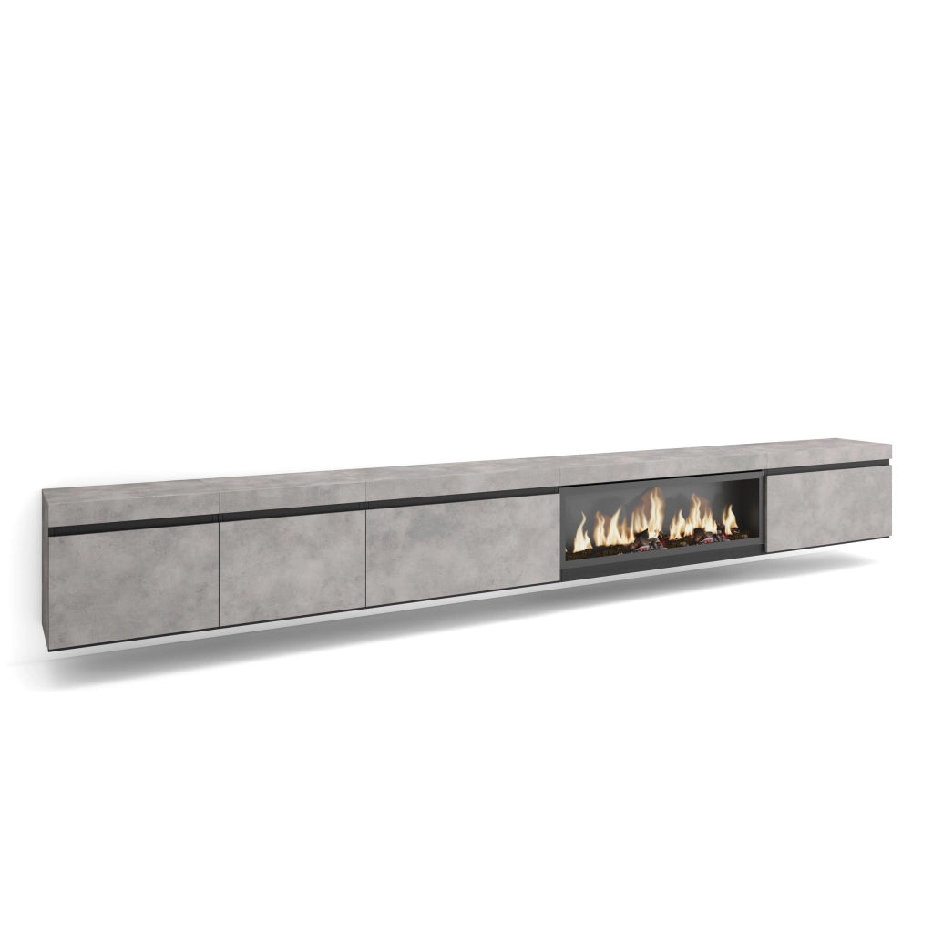 Mobile TV Soggiorno, 368x35x45, Camino elettrico XXL, da appendere, grigio cemento RF3683