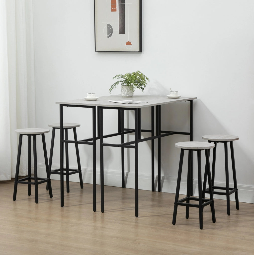 Set bar 6 pezzi con 2 tavoli e 4 sgabelli salvaspazio in legno e acciaio grigio