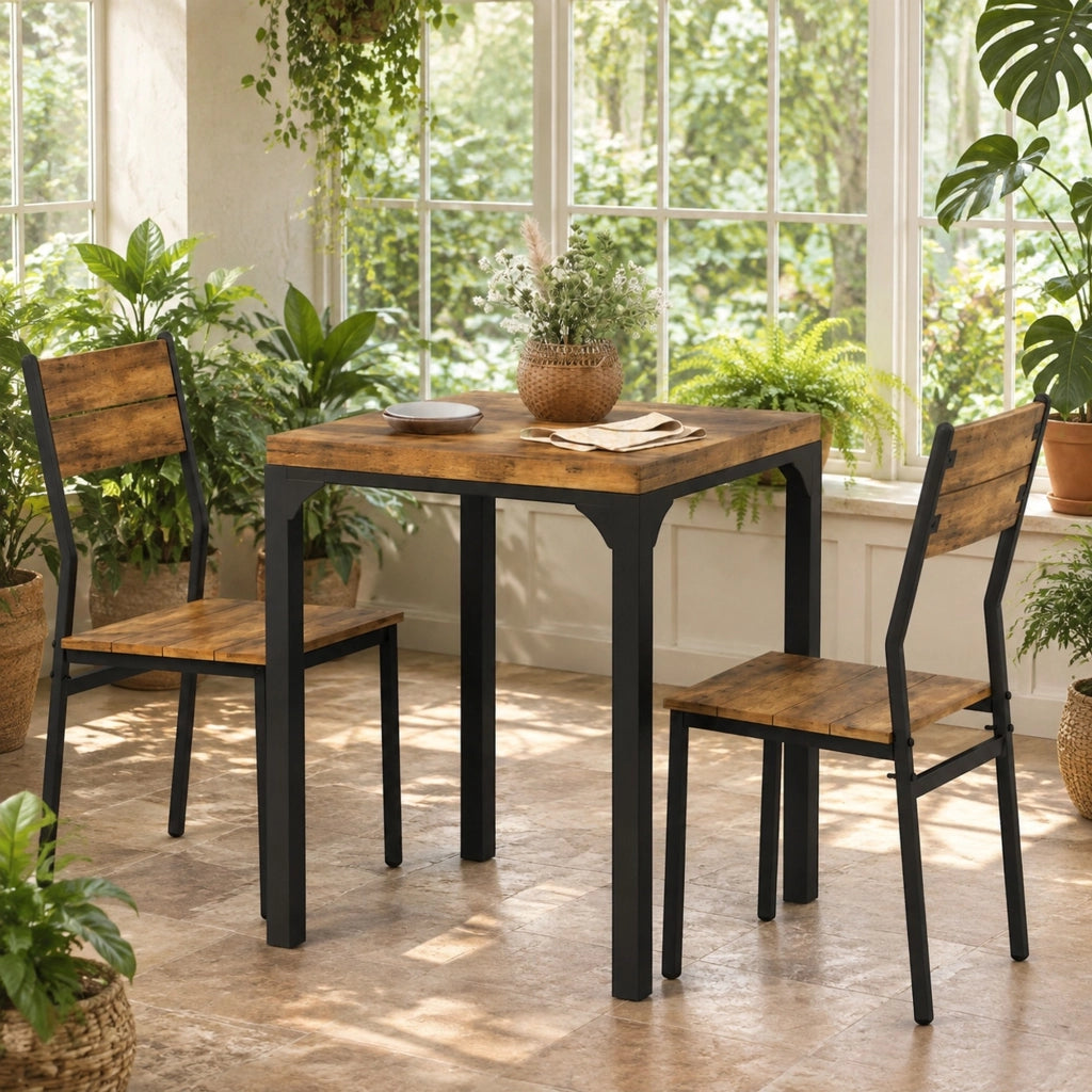 Set tavolo da pranzo con 2 sedie in MDF e acciaio marrone rustico