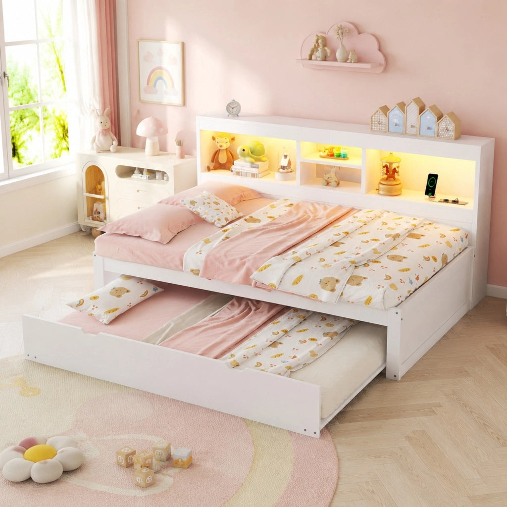 Divano letto daybed 90x200 cm con letto estraibile, LED, USB e presa, vano laterale, bianco