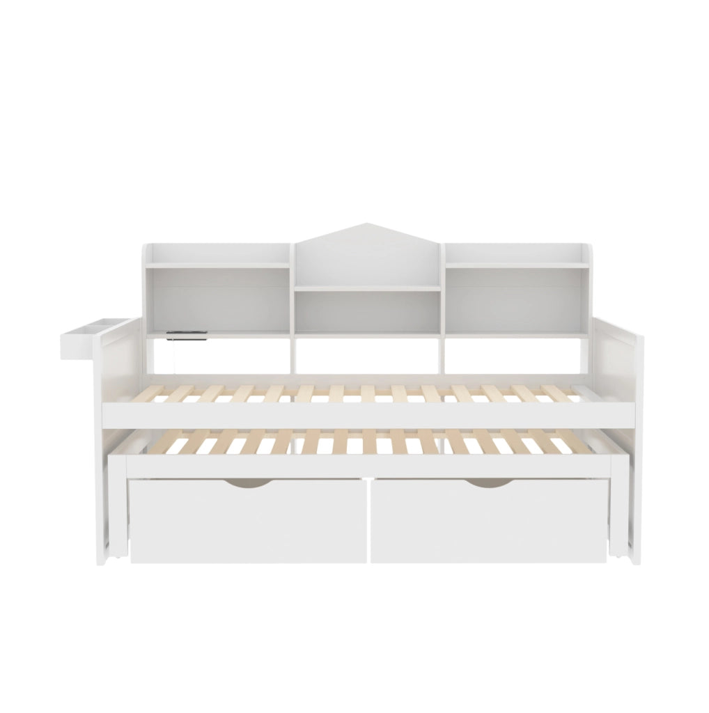 Letto singolo multifunzione estraibile 90x200 cm; bianco; con 2 cassetti e porta USB