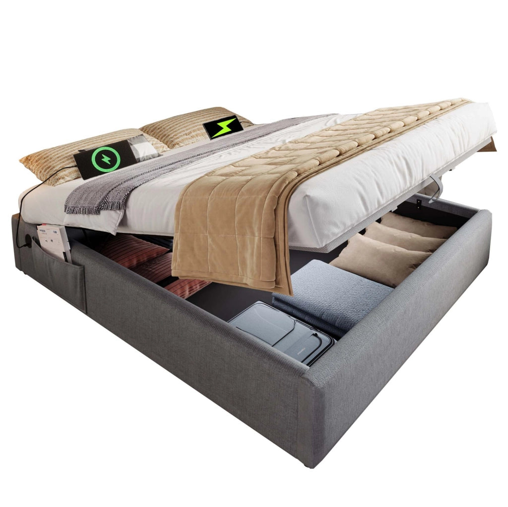 Letto contenitore 160x200 cm con USB C; senza testiera; grigio