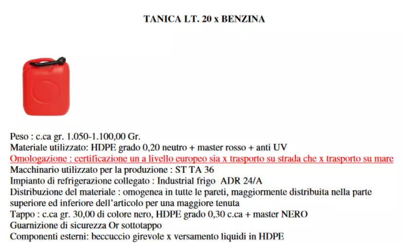 Tanica Benzina 20 Litri LT Omologata per Carburante Gasolio Bidone con beccuccio