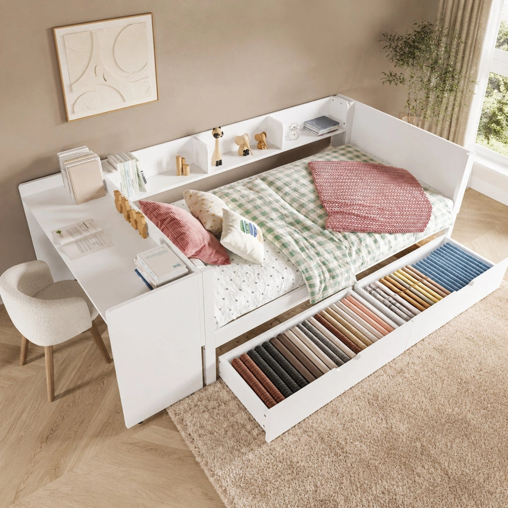 Letto singolo 90x200 cm con scrivania, cassetti e ripiani
