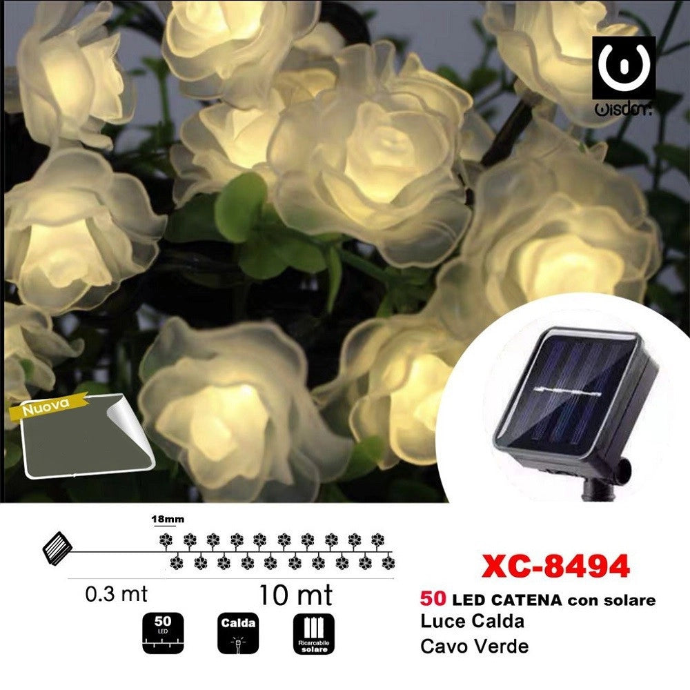 Trade Shop - Catena Luminosa 50led Rose Luminose Ricarica Ad Energia Solare Luce Calda Xc-8494 -