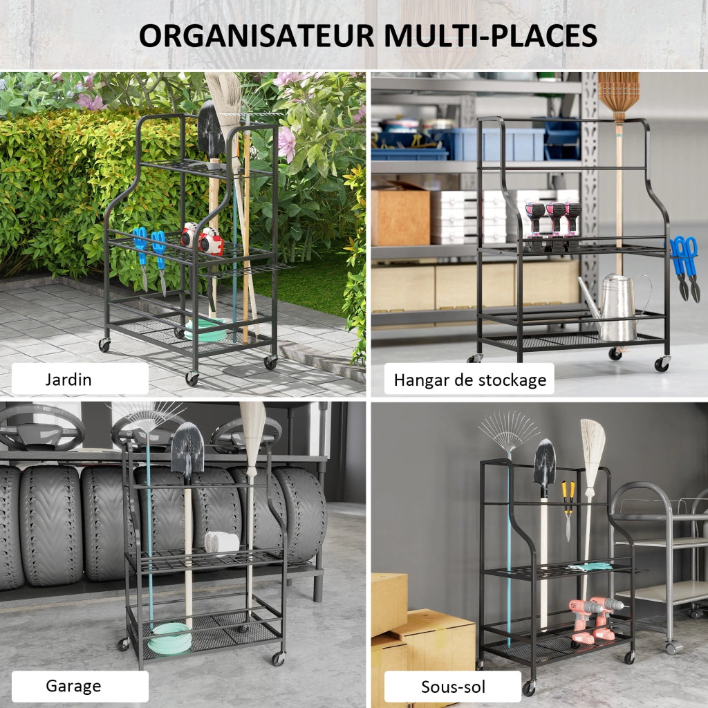Organizzatore attrezzi da giardino ¨C zephmum ¨C 54 posti 5 ganci acciaio ruote 3 livelli nero
