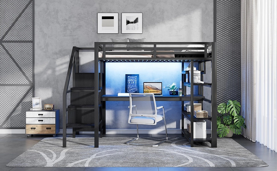 DESMIU Letto a soppalco 140 × 200 cm 2 posti con armadio, scrivania, ripiani, LED, senza materasso, in metallo, nero