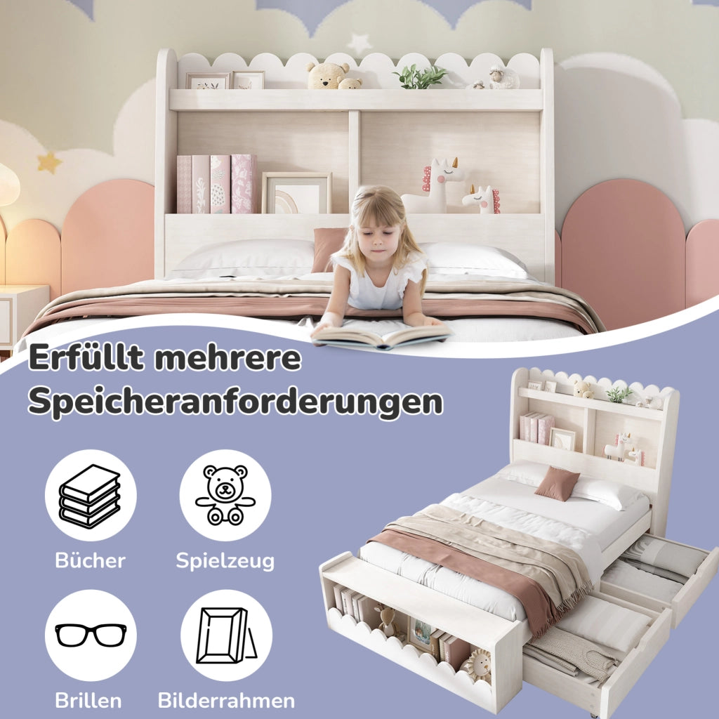 Letto singolo per bambini 90x190 cm con cassetti e ripiani