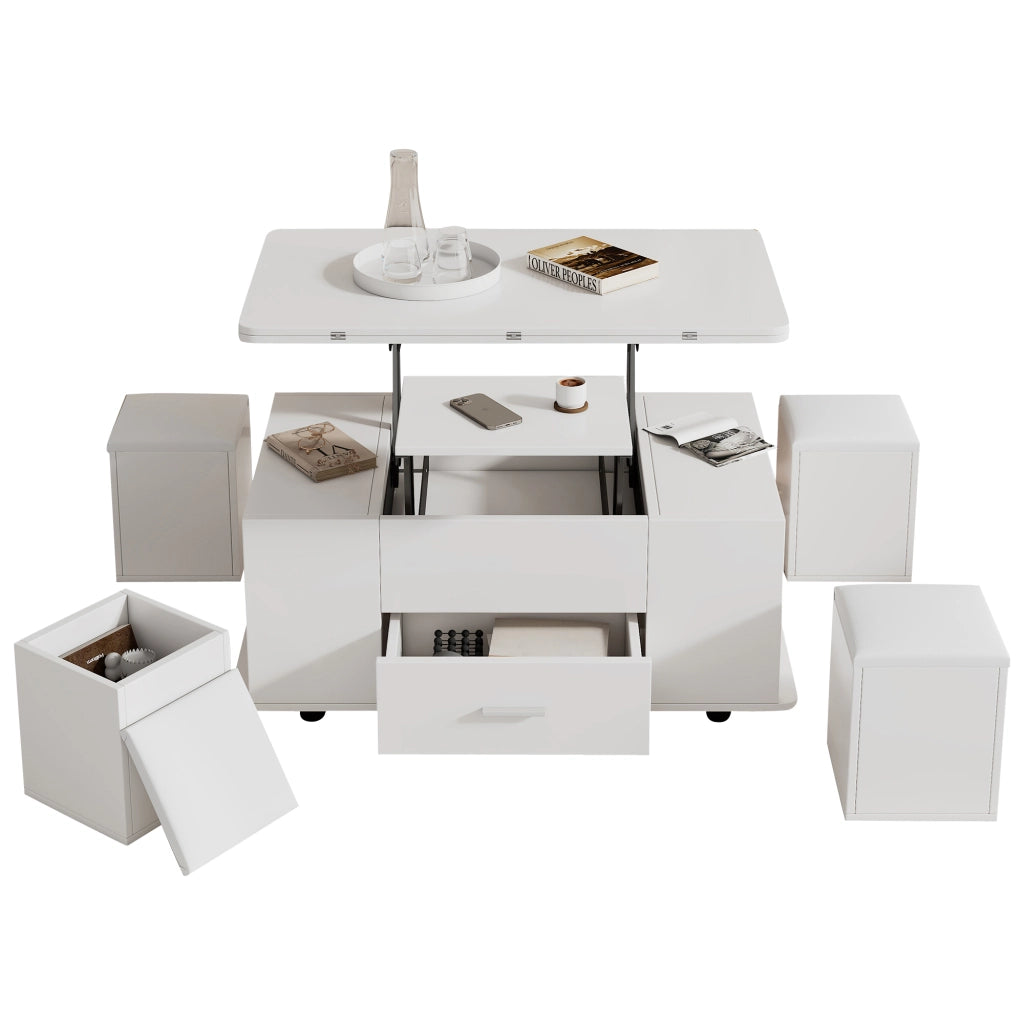 Tavolino da salotto alzabile con 1 Cassetto; 4 Sgabelli; ruote e vano contenitore per Soggiorno; in Truciolato; 100 × 50 × 45 cm; Bianco