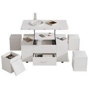 Tavolino da salotto alzabile con 1 Cassetto; 4 Sgabelli; ruote e vano contenitore per Soggiorno; in Truciolato; 100 × 50 × 45 cm; Bianco