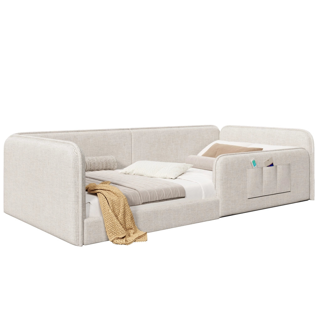 Letto a piattaforma 90x200 cm con tasche portaoggetti e struttura imbottita in lino beige