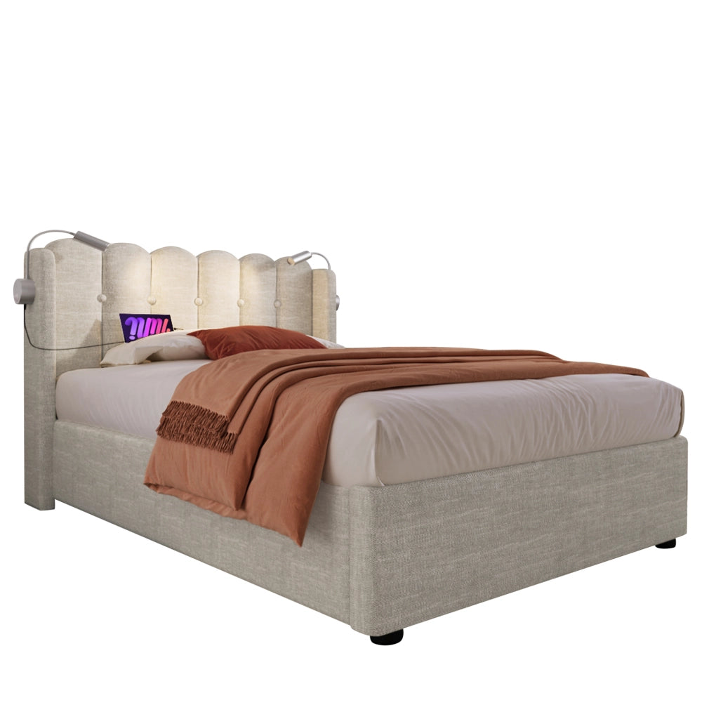 Letto contenitore singolo 90x200 cm con luce da lettura e porta USB; lino naturale