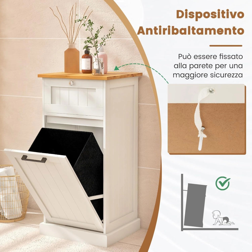 Mobile con Cesta Portabiancheria, Cesto per Biancheria con Cassetto, Mobile Multiuso da Bagno, 40x37x82 cm, Bianco