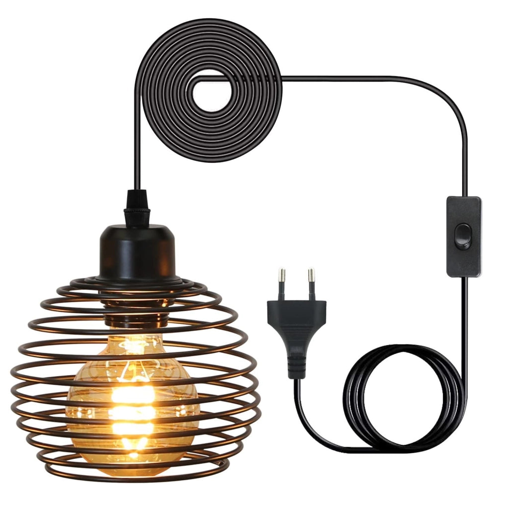 Lampada a Sospensione ZMH design vintage nero E27 diametro 15cm molla metallo con presa e interruttore per soggiorno
