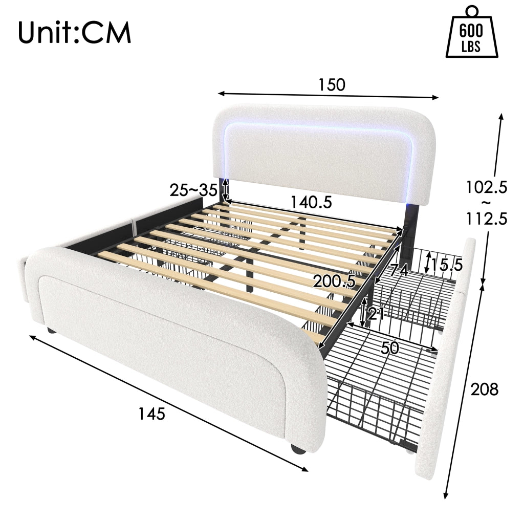 Letto matrimoniale 140x200 cm con LED; USB e USB C; 4 cassetti; tessuto sherpa bianco