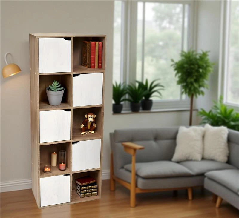 LIBRERIA CUBICA IN LEGNO COLORE LEGNO LEGGERO E BIANCO CON CASSETTI A FORMA DI CUBO APRIBILI 60X30X153H CM