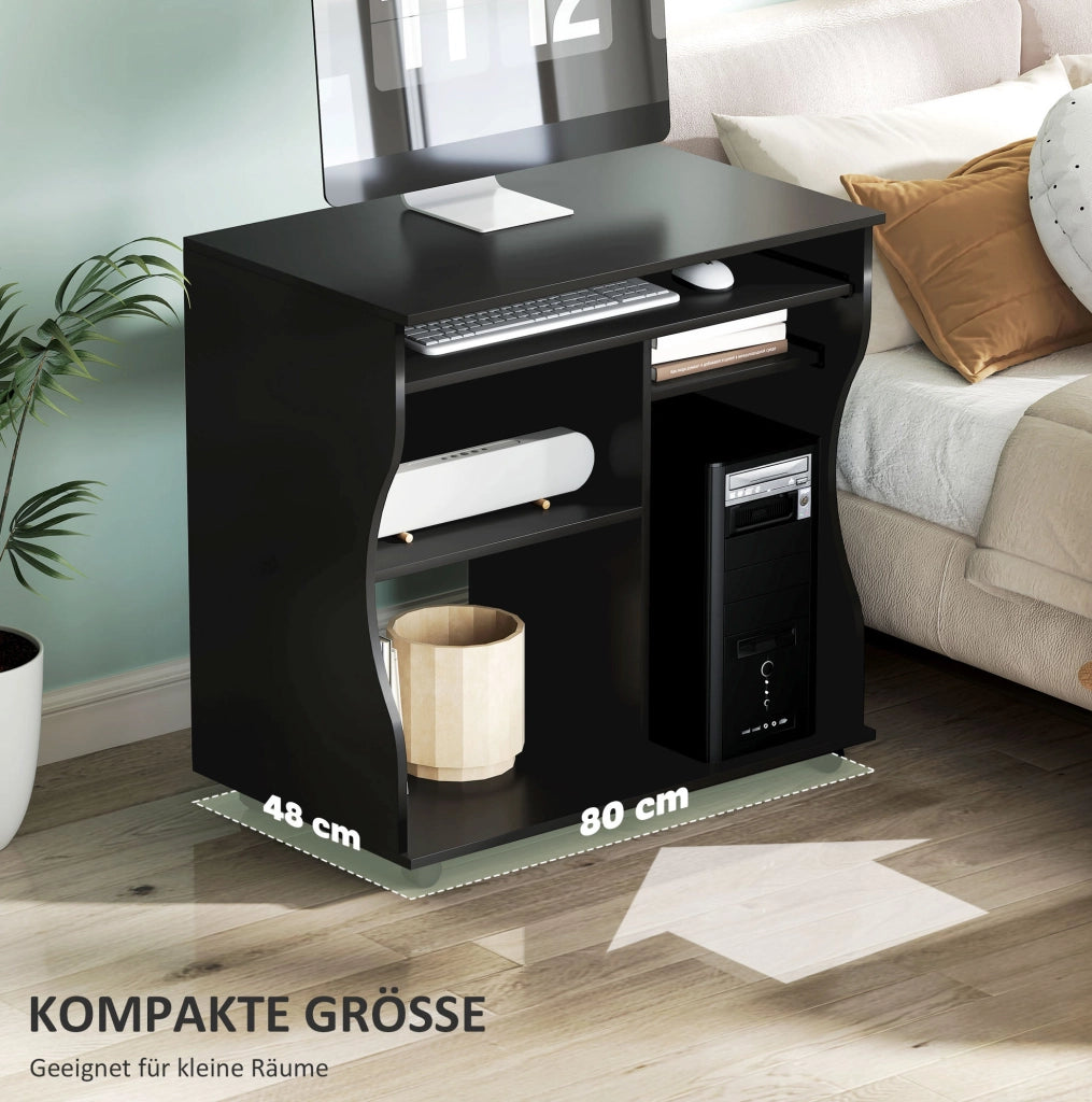 Scrivania PC nera con ruote e ripiano tastiera 80x48x75 cm