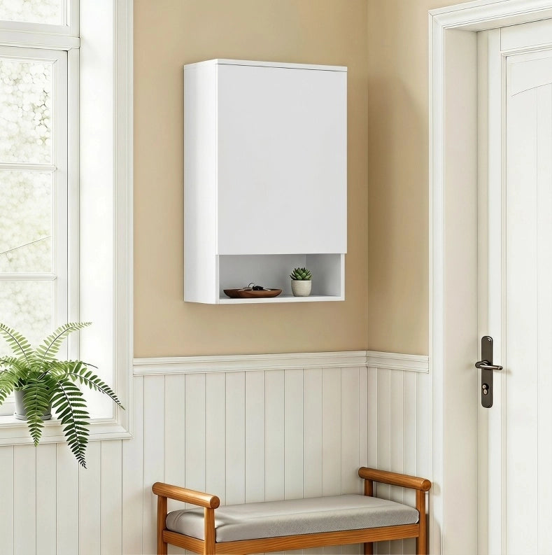 Mobile bagno sospeso bianco con anta, ripiani regolabili e vano aperto