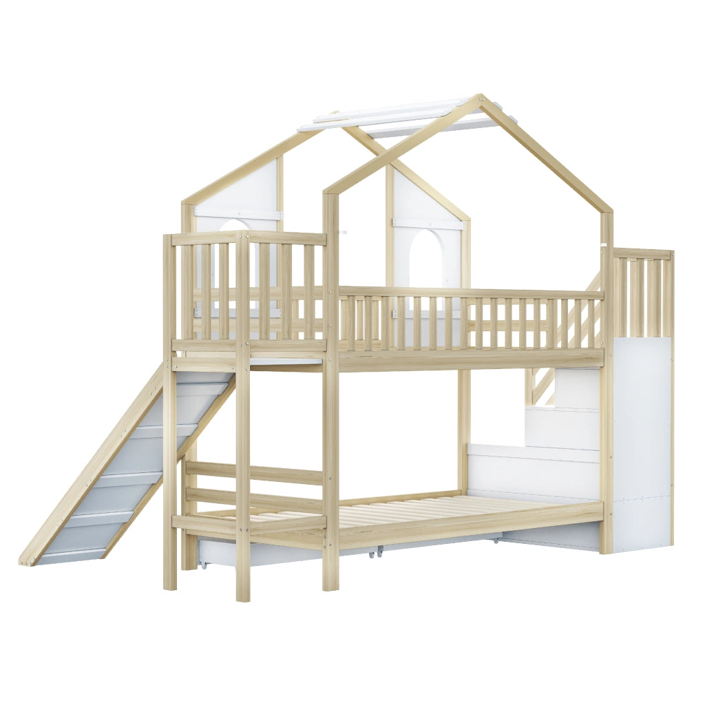 Letto a Castello 90x200 cm; 2 Posti; con Scivolo; Scala Contenitore e Mensole