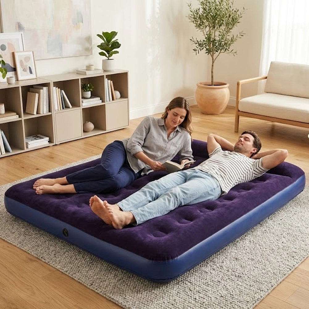 Materasso Matrimoniale Gonfiabile 191x137x22 cm Floccato Ergonomico da Campeggio in PVC Blu