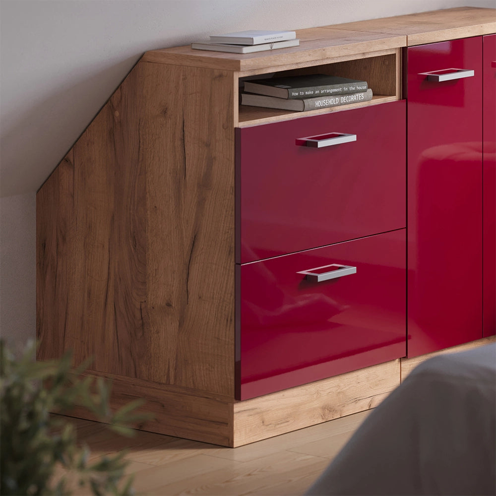 Mobile cucina sottotetto R-Line Rosso lucido/Rovere dorato 60 cm con 2 cassetti, carcassa 60 cm profondità Vicco