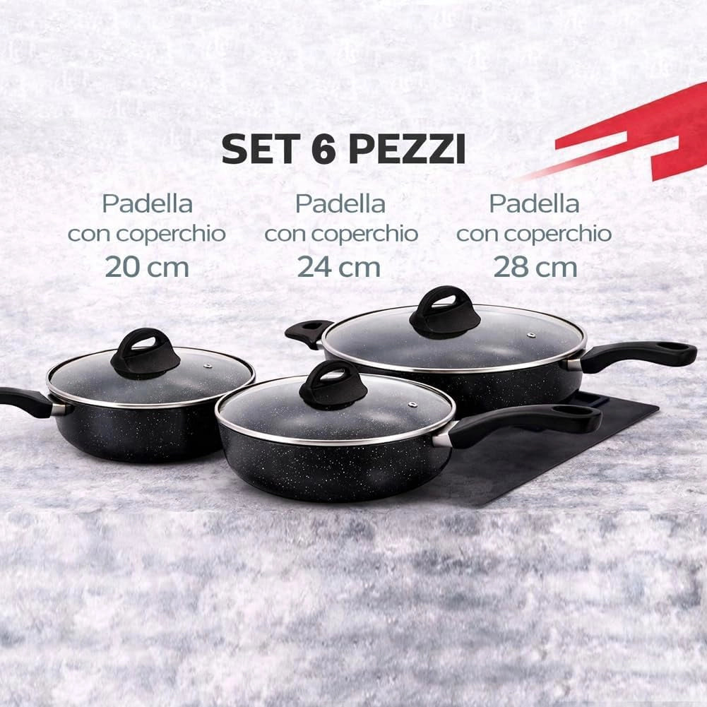 Set 6 Pezzi Padelle in Alluminio Nero con Coperchio per Tutti i Piani Cottura