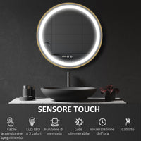Specchio da Bagno con Luce LED 3 Tonalità e Funzione Memoria Ø60 cm Telaio in Alluminio Oro