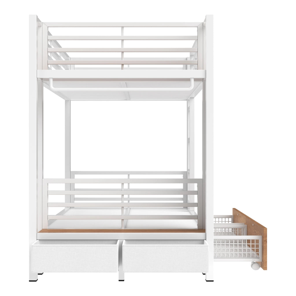 Letto a castello 90 × 200 cm con 2 cassetti, LED e appendiabiti, senza materasso, in MDF e metallo, bianco