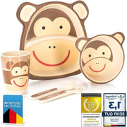 Set da tavola per bambini a 5 pezzi con motivi animali in plastica, composto da bicchiere, piatto, cucchiaio e forchetta con forma di scimmia.