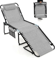 Sedia a Sdraio Pieghevole, Lettino da Giardino con Schienale a 4 Livelli, Tasca Laterale e Poggiatesta Staccabile, Ideale per Giardino, Piscina, Campeggio, Portata 150 kg (Grigio)