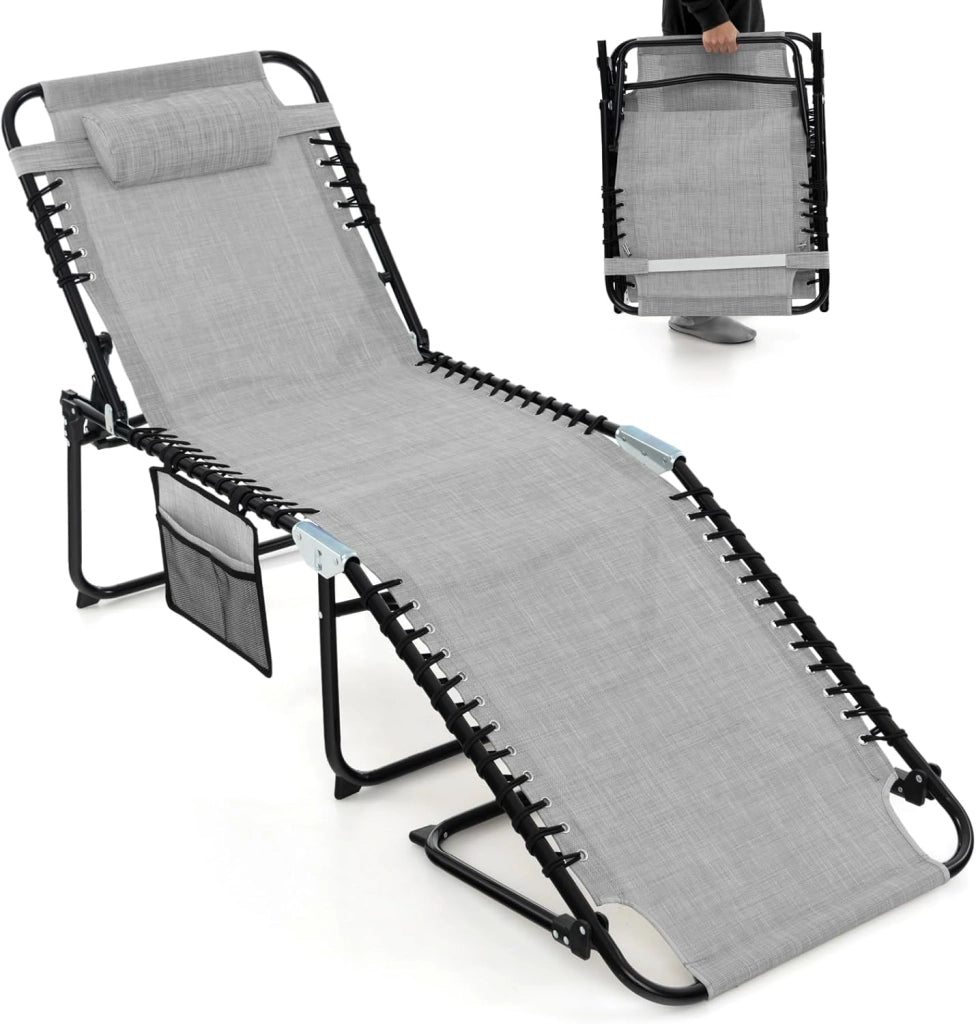 Sedia a Sdraio Pieghevole, Lettino da Giardino con Schienale a 4 Livelli, Tasca Laterale e Poggiatesta Staccabile, Ideale per Giardino, Piscina, Campeggio, Portata 150 kg (Grigio)