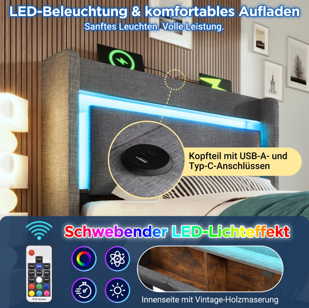 Letto singolo 90x200 con LED, ricarica USB-C e materasso