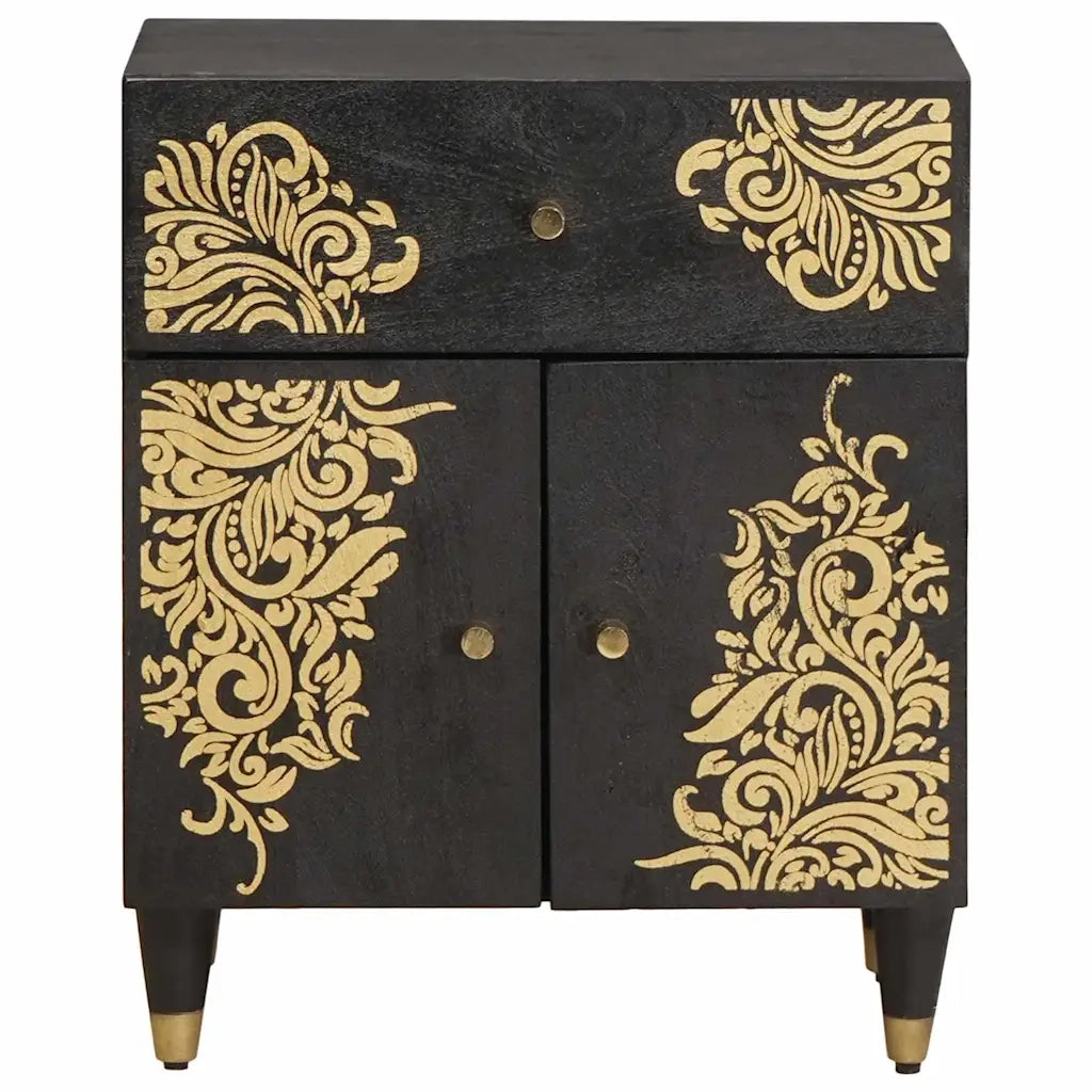 Comodino | Armadio da Notte | Mobiletto da notte con porta Nero 50 x 33 x 60 cm Legno di mango massello