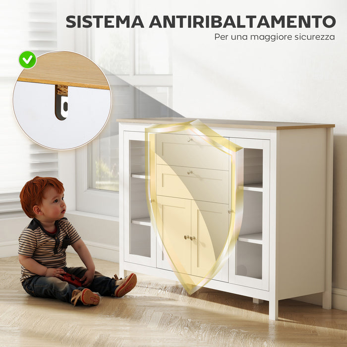 Mobile Cucina Credenza 120x40x90 cm con 2 Cassetti e 3 Armadietti Ante in Vetro Bianco e Rovere
