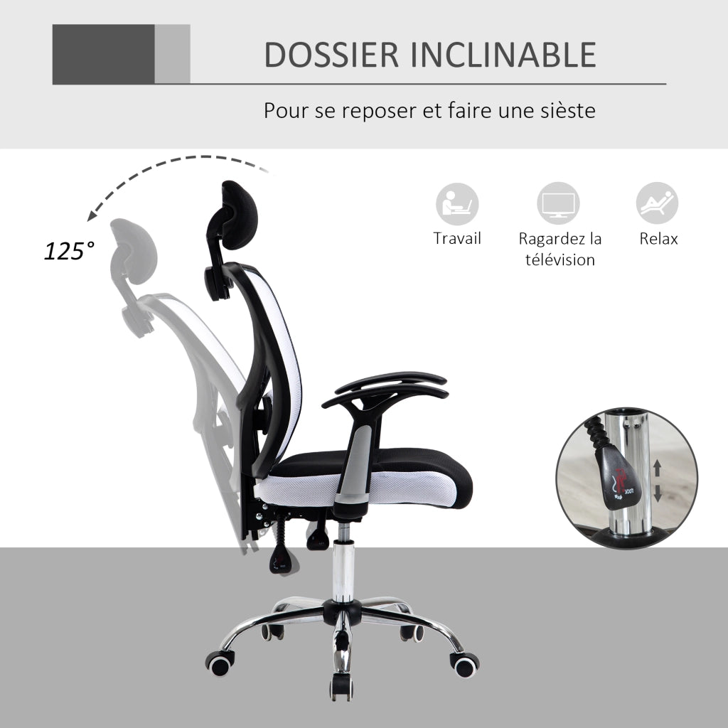 Sedia da ufficio in mesh ¨C zephmum ¨C regolabile in altezza, schienale reclinabile, 62x67x118 cm, nero e bianco
