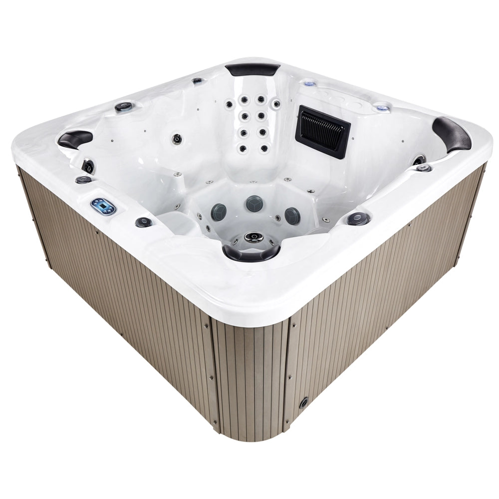 Vasca idromassaggio in acrilico bianco 225 x 225 cm 55 getti pannelli esterni marroni con riscaldamento a LED