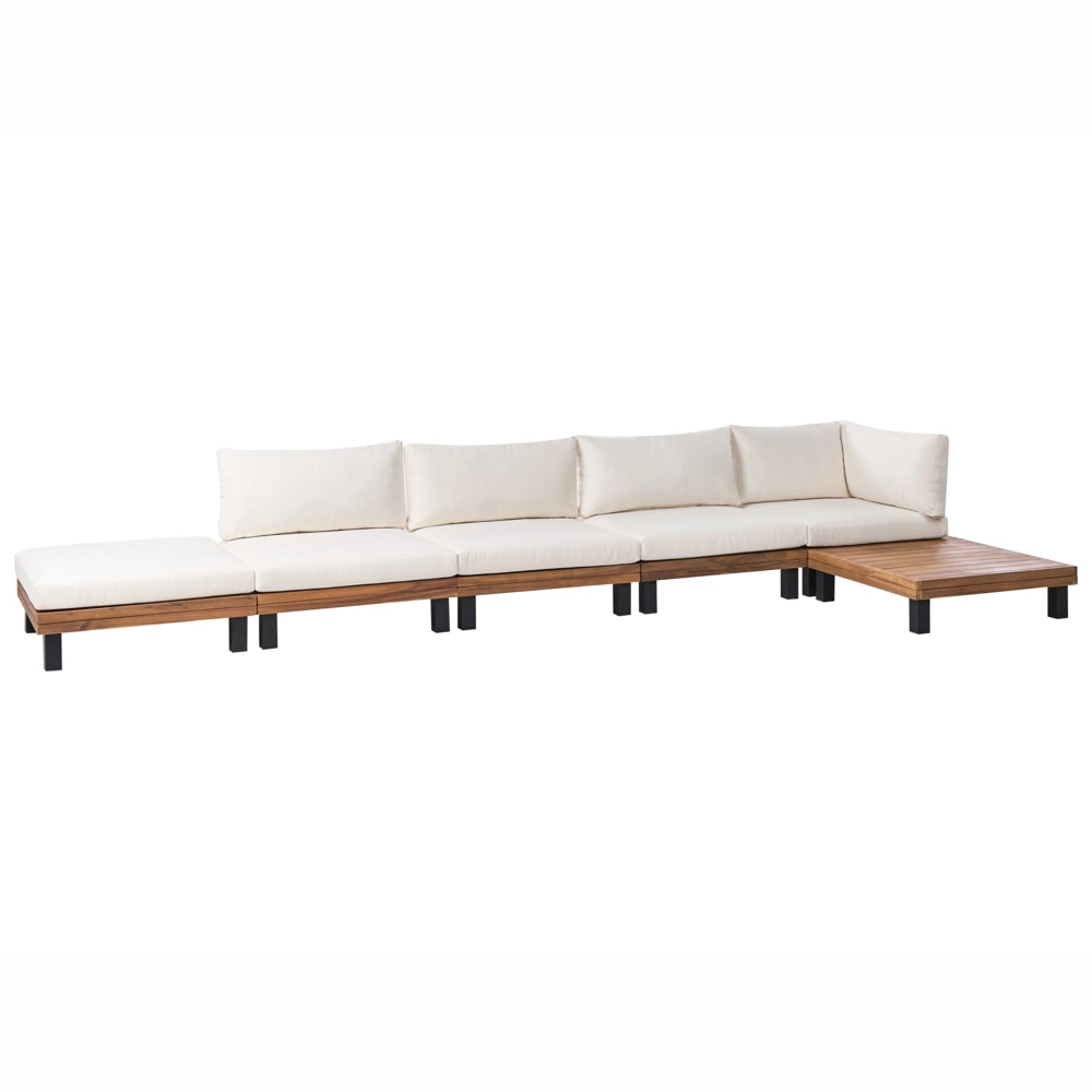 Set divano angolare modulare da giardino Tavolino in legno di acacia certificato con Cuscini in poliestere bianco sporco