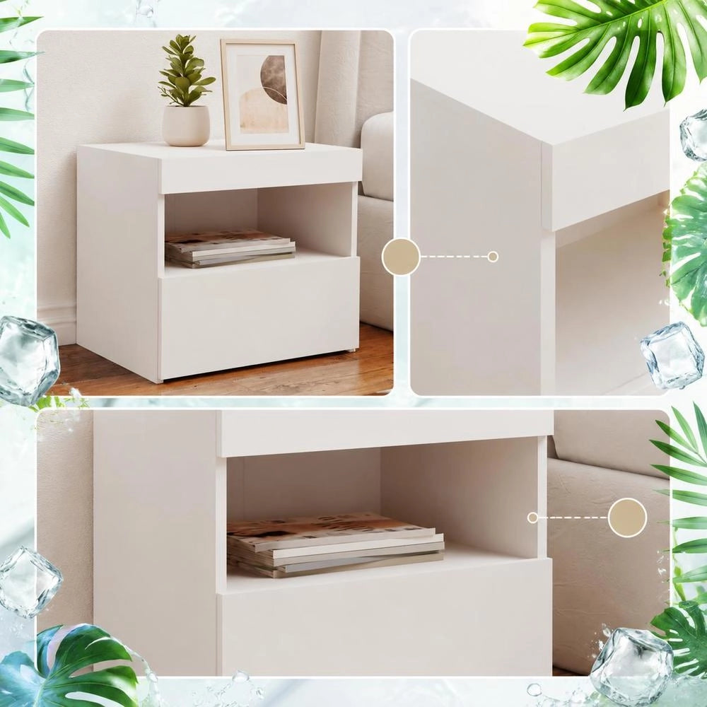 Bedside Table With LED Lights, White, 50x40x45 Cm