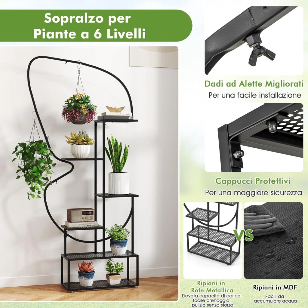 Scaffale Porta Piante a 6 Livelli, Scaffale per Vasi a Forma di Farfalla con 12 Ripiani in Rete Metallica e 4 Ganci, Mensola a Scala per Piante da Interno e Esterno (Nero)