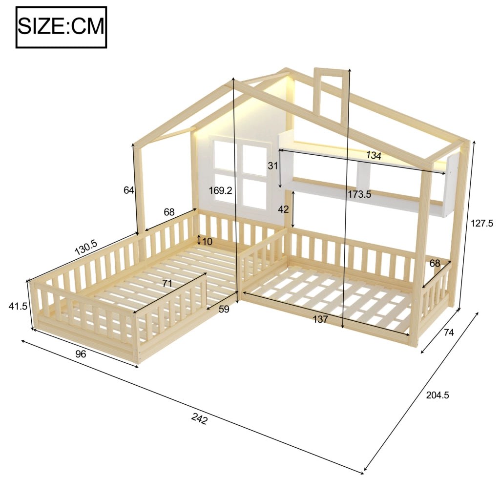 Letto per bambini a casetta 90x200 cm in legno e MDF; con LED; mensole e sponde di sicurezza