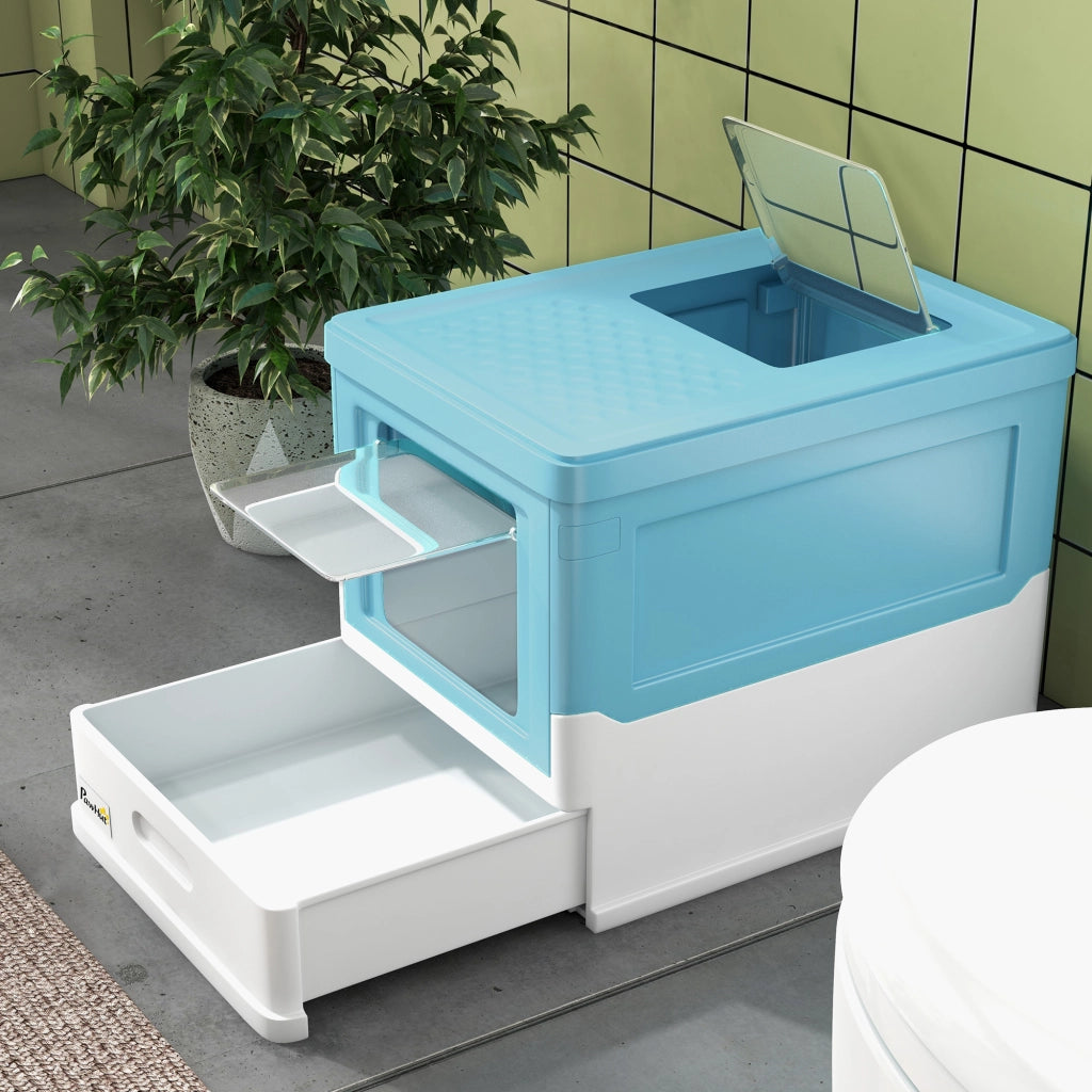 Arenero per Gatti Chiuso e Pieghevole con Cassetto Estraibile ¨C zephmum ¨C Blu 47.5x35.5x36.7 cm