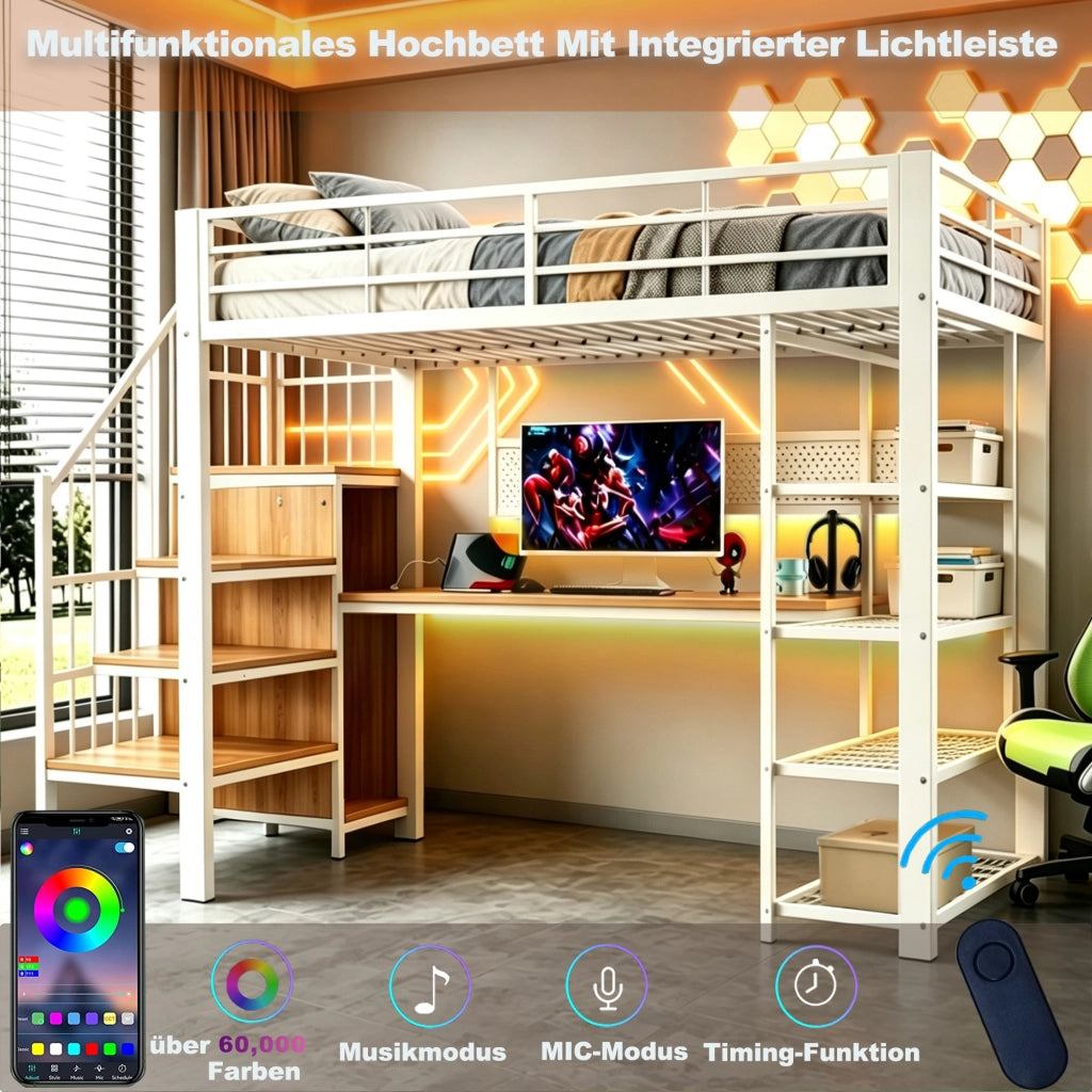 Letto a soppalco singolo 90 × 200 cm con scale contenitore, LED, prese elettriche e ripiani, senza materasso
