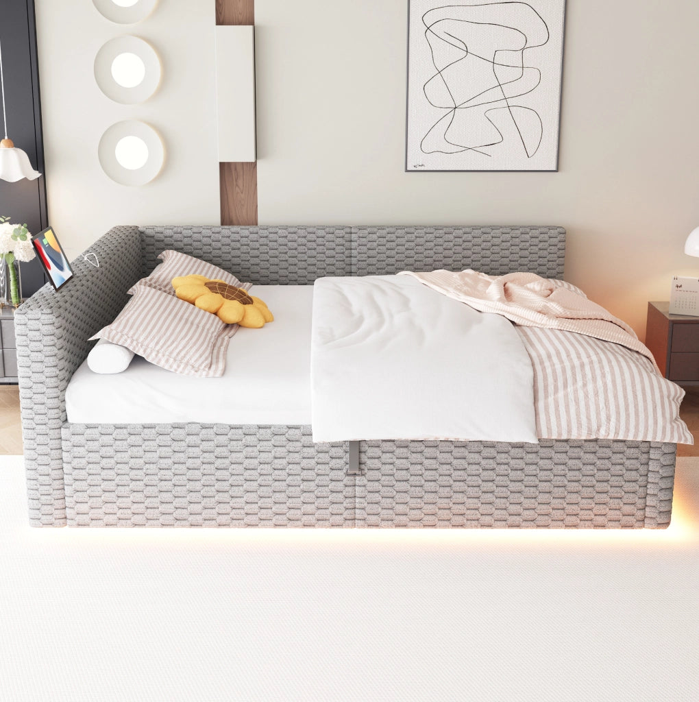Letto imbottito multifunzione 140x200 cm in velluto grigio con LED; USB e contenitore