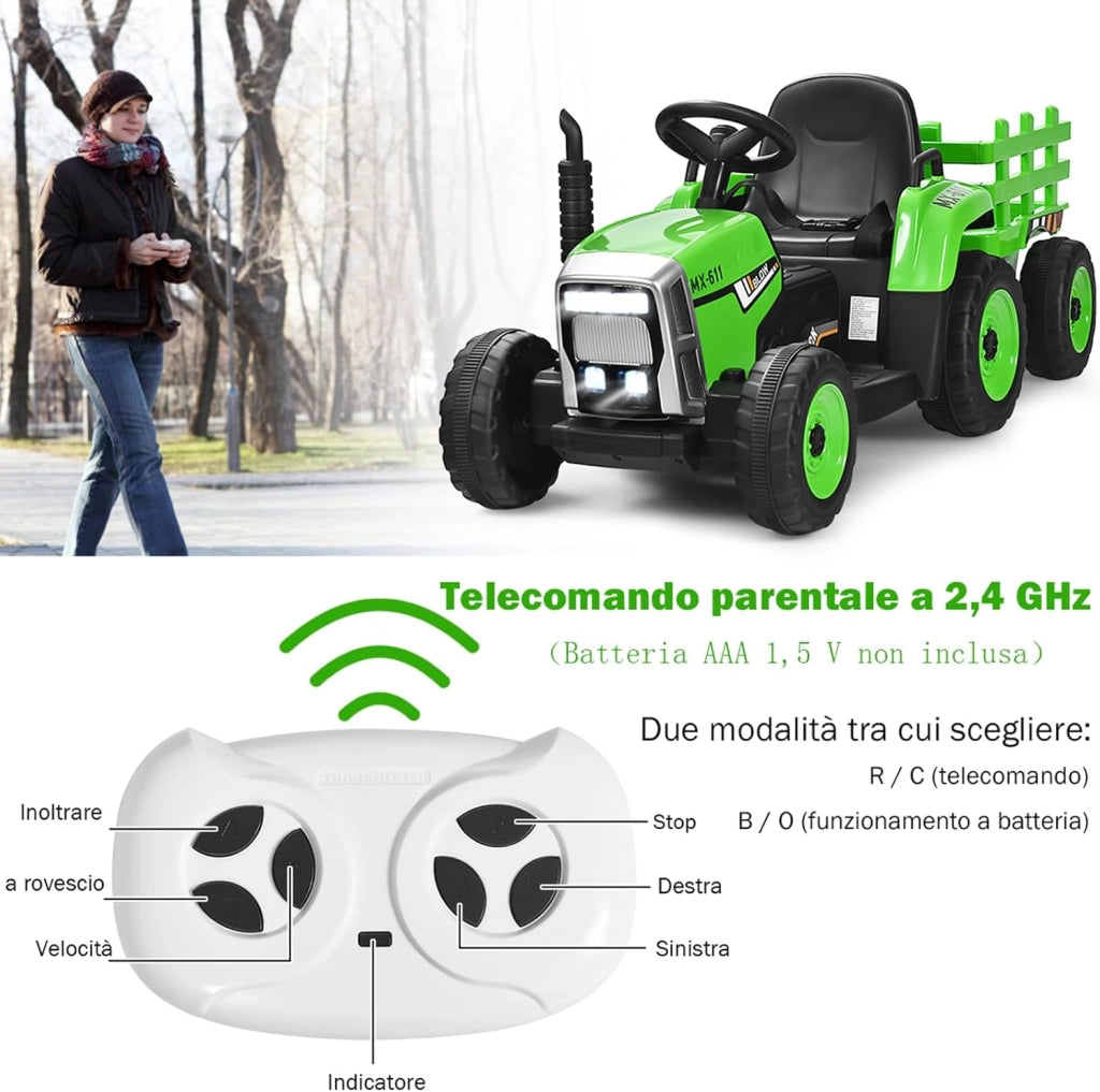 Trattore con Rimorchio Cavalcabile per Bambini 12V, Trattore Elettrico Telecomandato, con Luci e Suoni, 30kg, 3+ Anni (Verde)