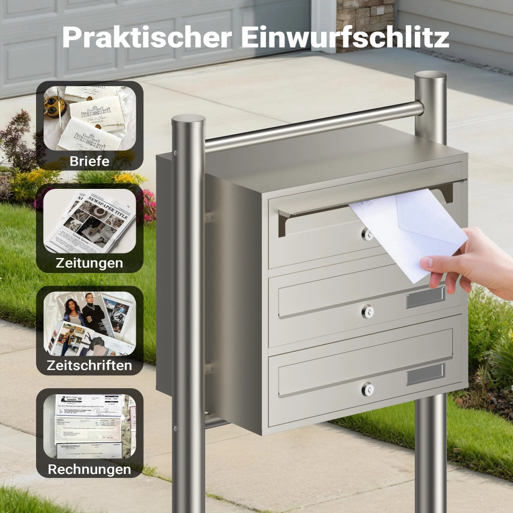 Cassetta postale condominiale autoportante 3 posti, acciaio inox, 1 modulo, 556 x 270 x 1200 mm