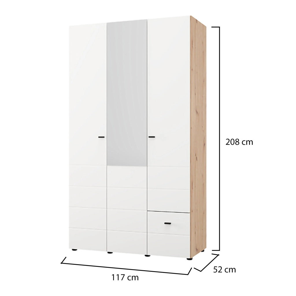 Armadio Camera da Letto Serram, Guardaroba 3 Ante Appendiabiti, 117x52 cm Bianco Opaco