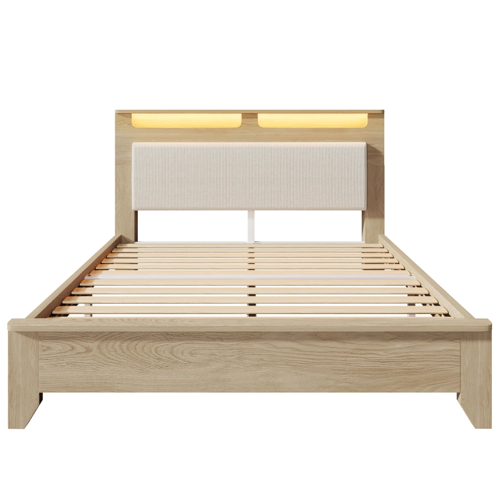 Letto matrimoniale 140x200 cm in legno e corduroy beige, testiera con LED e spazio contenitivo
